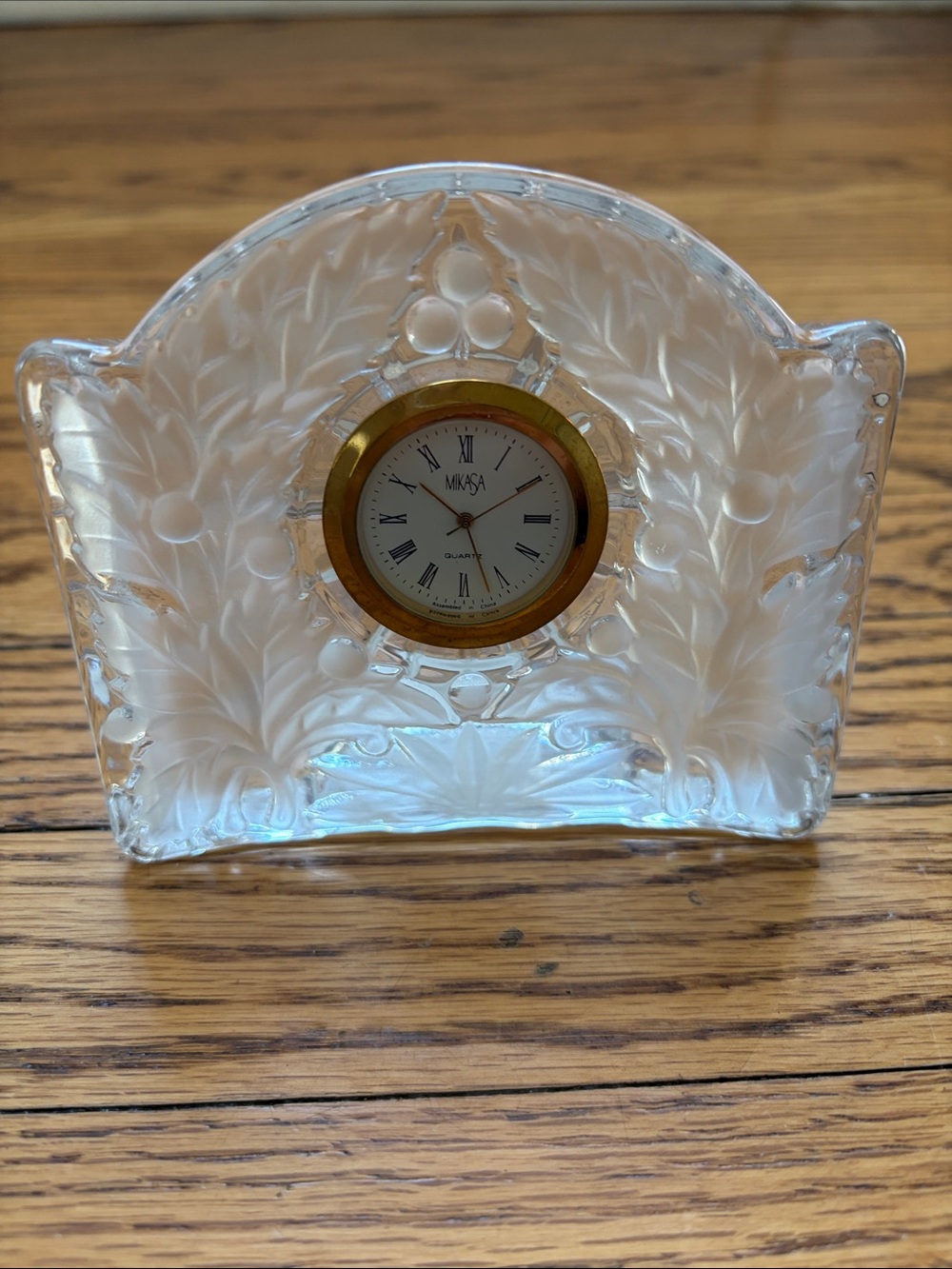 Mikasa Frosted Clear Glass Clock with Gold Trim Never Used Not Tested In Box
